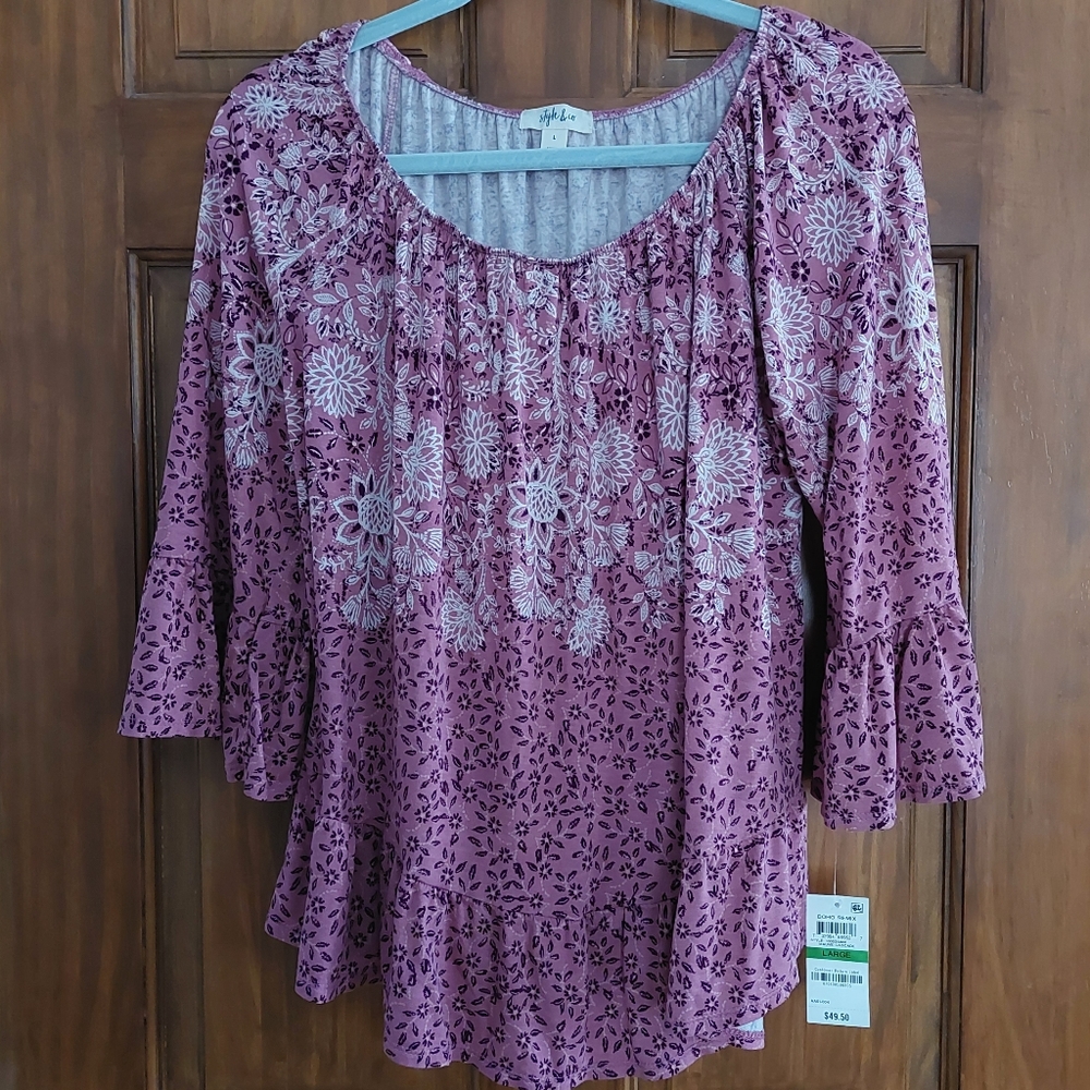 Style & Co Boho Remix Mauve Cascade Stretch Knit Flowy Top Sz L Floral Pattern